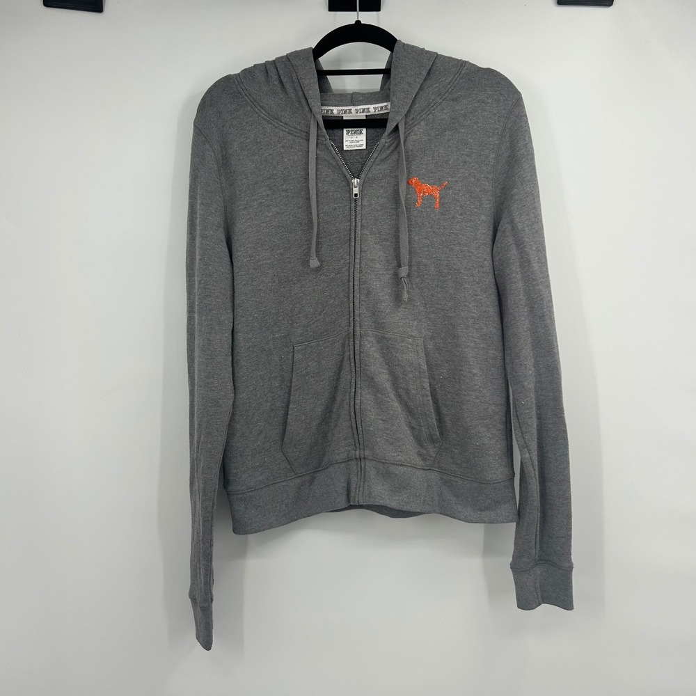 PINK Victorias Secret Gray Sequin Full Zip Hoodie Orange Dog Logo Large